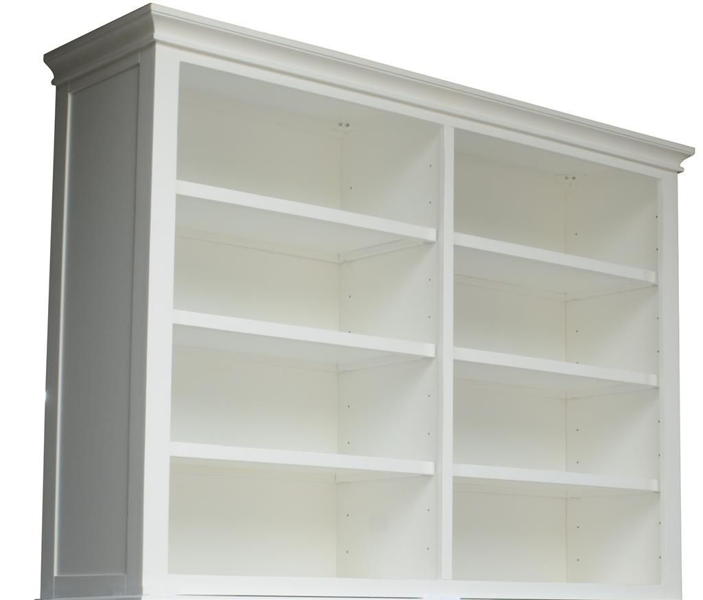 White Sherborne Acacia Wood 4-door buffet and hutch with 6 shelves, showcasing a stylish and functional storage piece.