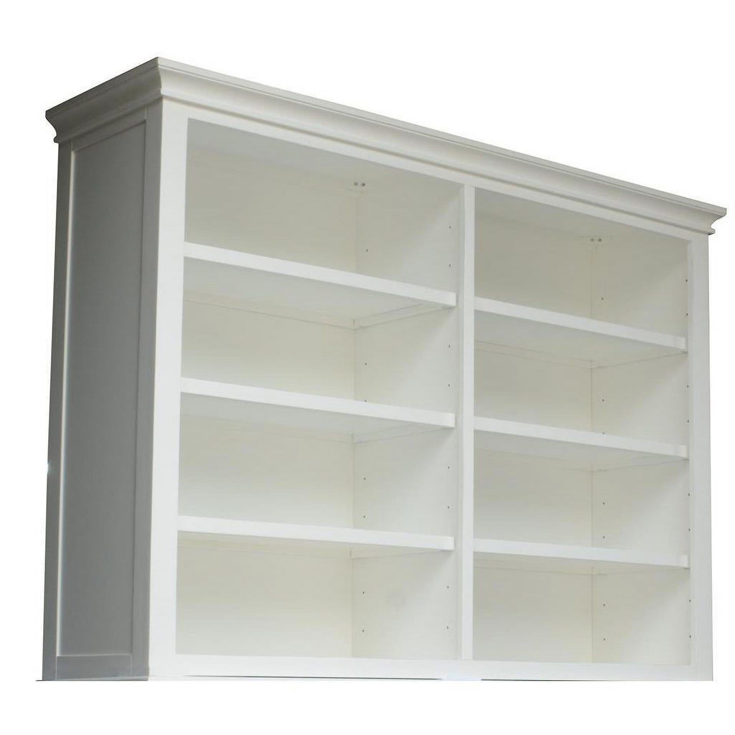White Sherborne Acacia Wood 4-door buffet and hutch with 6 shelves, showcasing a stylish and functional storage piece.