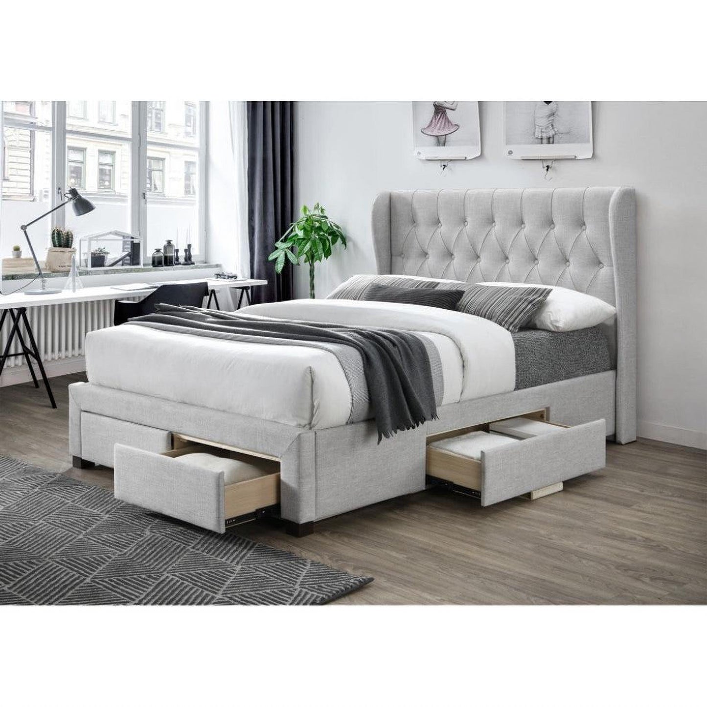 Hester 4-Drawer Double Size Storage Bed in Stone - Chocolate Wood