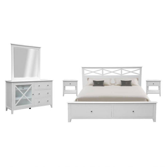 LUGANO HAMPTONS STYLE ACACIA 5 PIECE BEDROOM SUITE: 2-DRAWER DOUBLE BED 1 DRESSER 1 MIRROR 2 BEDSIDE TABLES