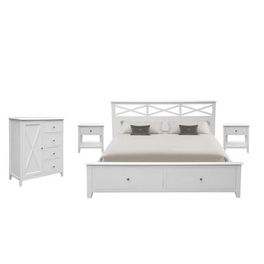 LUGANO HAMPTONS STYLE ACACIA 4 PIECE BEDROOM SUITE: 2-DRAWER DOUBLE BED 1 DOOR TIMBER TALLBOY 2 BEDSIDE TABLES