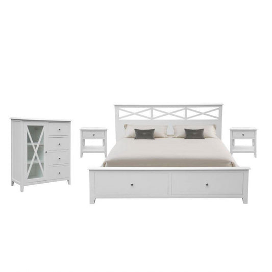 LUGANO HAMPTONS STYLE ACACIA 4 PIECE BEDROOM SUITE: 2-DRAWER DOUBLE BED 1 DOOR GLASS TALLBOY 2 BEDSIDE TABLES