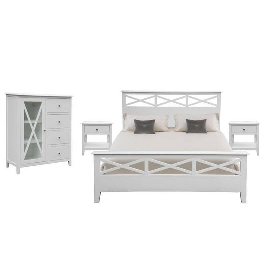 LUGANO HAMPTONS STYLE ACACIA 4 PIECE BEDROOM SUITE: 1 DOUBLE BED 1 GLASS DOOR TALLBOY 2 BEDSIDE TABLES