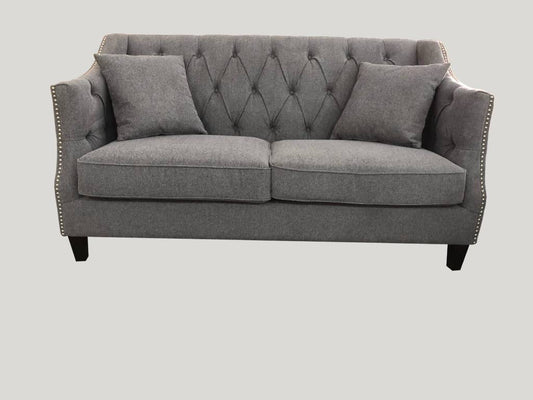 VENIER 2-SEATER FABRIC QUILTED & STUDDED SOFA LATTE PEWTER - MyChocolateWood