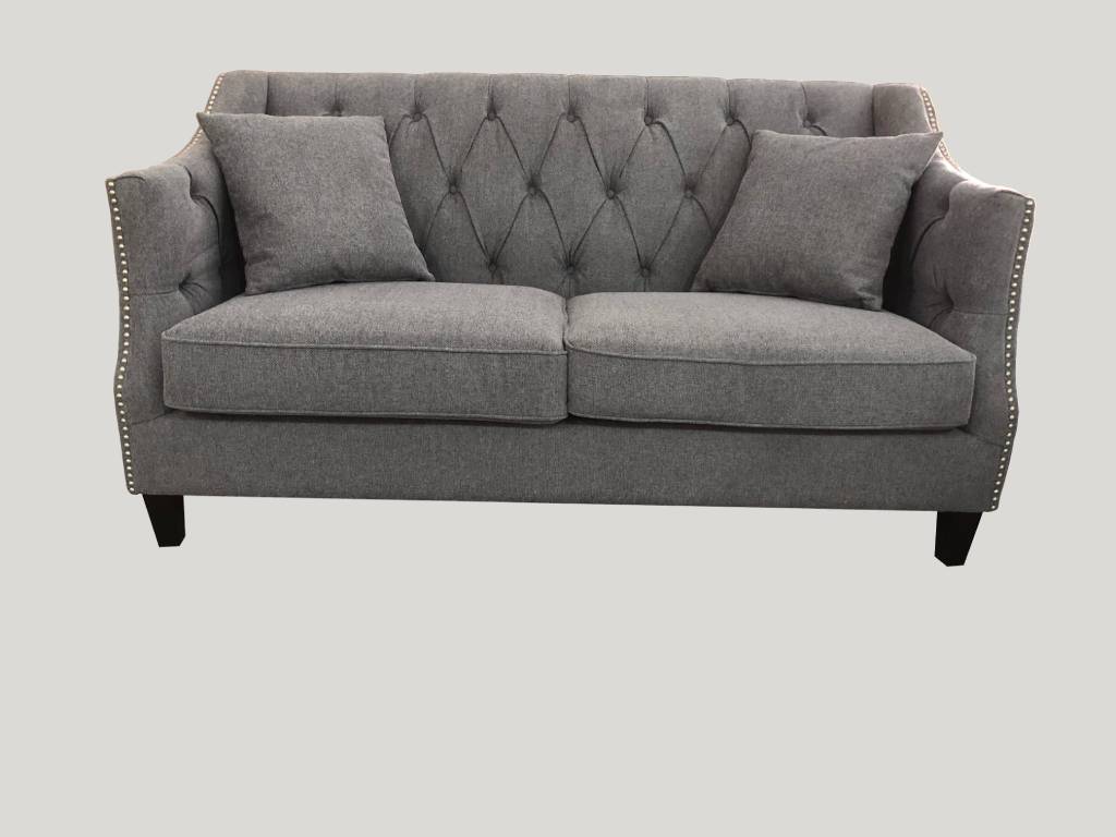 VENIER 2-SEATER FABRIC QUILTED & STUDDED SOFA LATTE PEWTER - MyChocolateWood