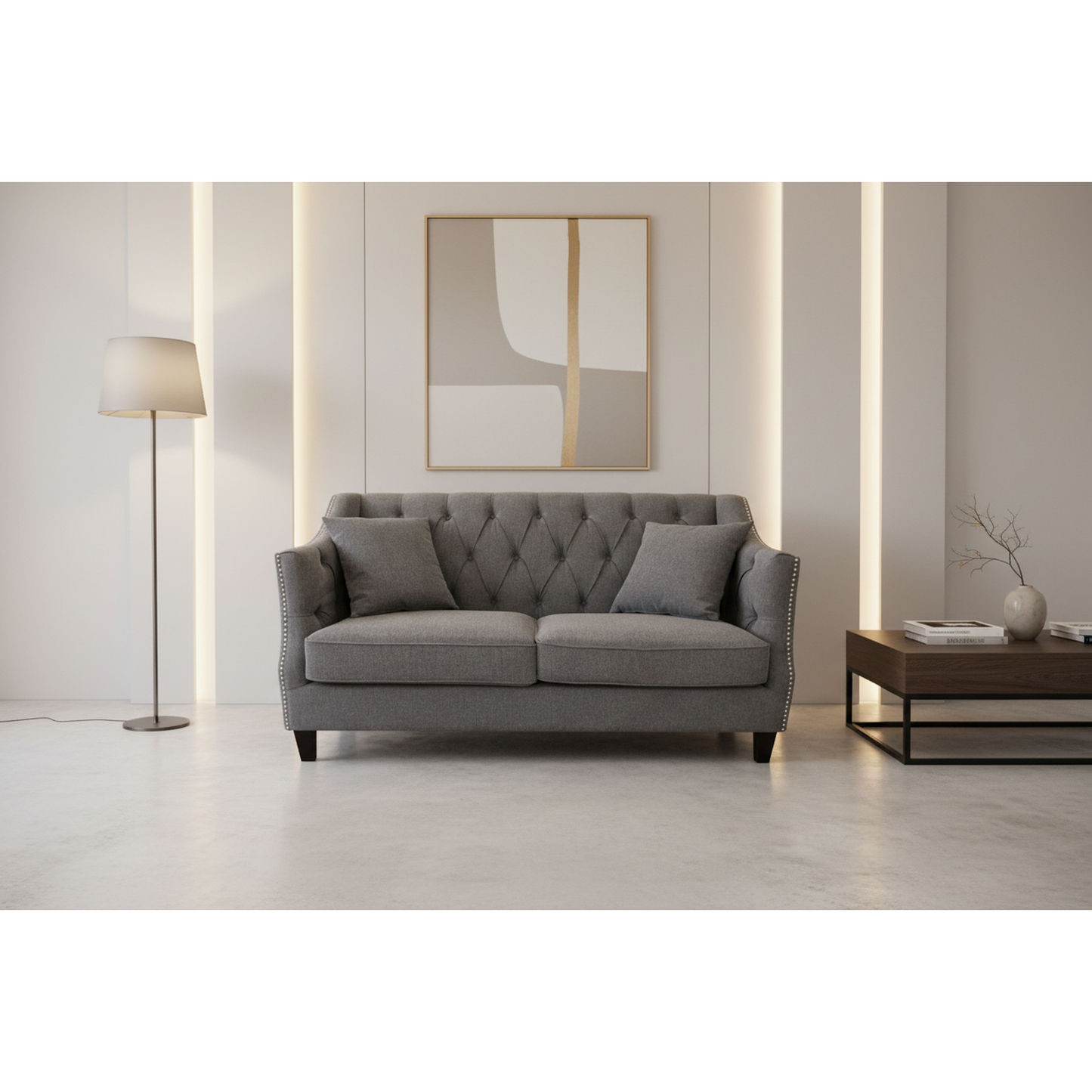 Venier 2-Seater Fabric Quilted & Studded Sofa in Pewter