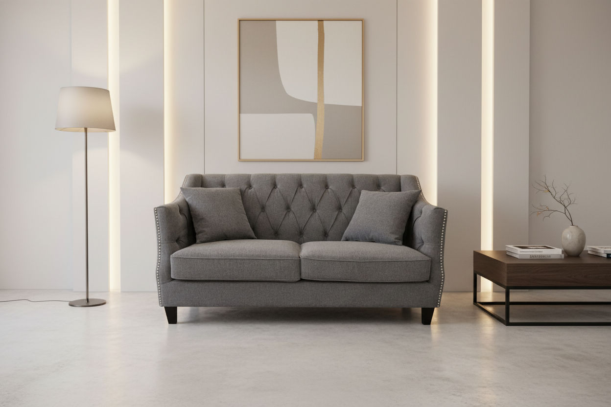 Venier 2-Seater Fabric Quilted & Studded Sofa in Pewter