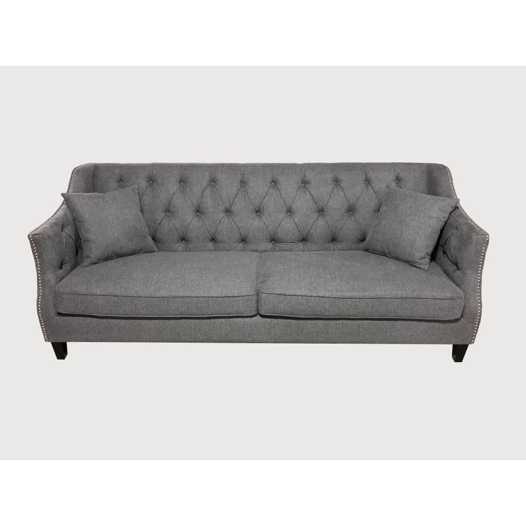 VENIER 3-SEATER FABRIC QUILTED & STUDDED SOFA PEWTER - MyChocolateWood