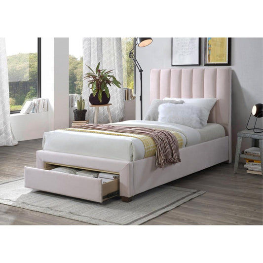 Cleary Fabric Bed in Pink - Chocolate Wood