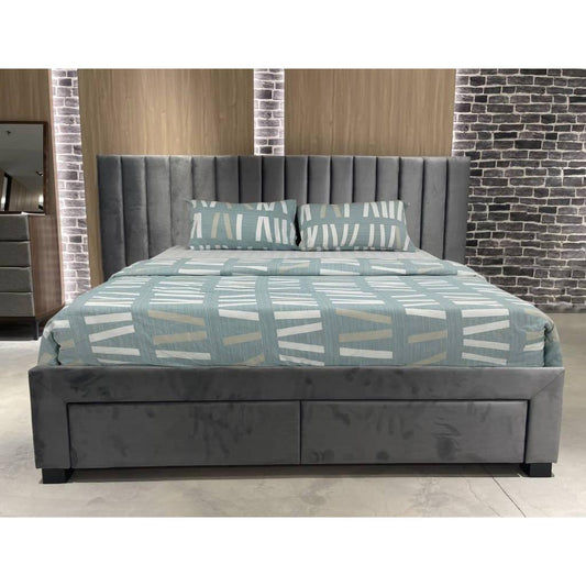 Cleary Fabric Extended Headboard Bed in Beige - Chocolate Wood