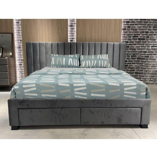 Cleary Fabric Extended Headboard Bed in Beige - Chocolate Wood