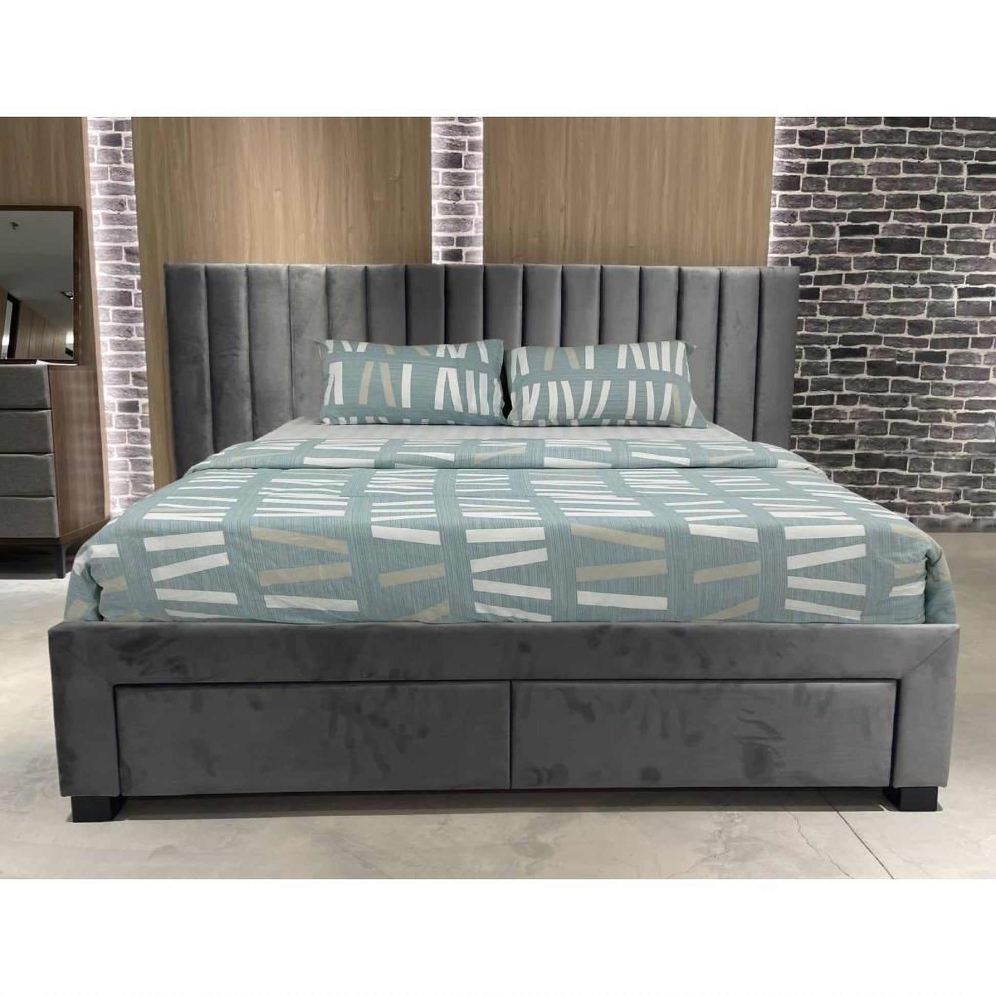 Cleary Fabric Extended Headboard Bed in Beige - Chocolate Wood