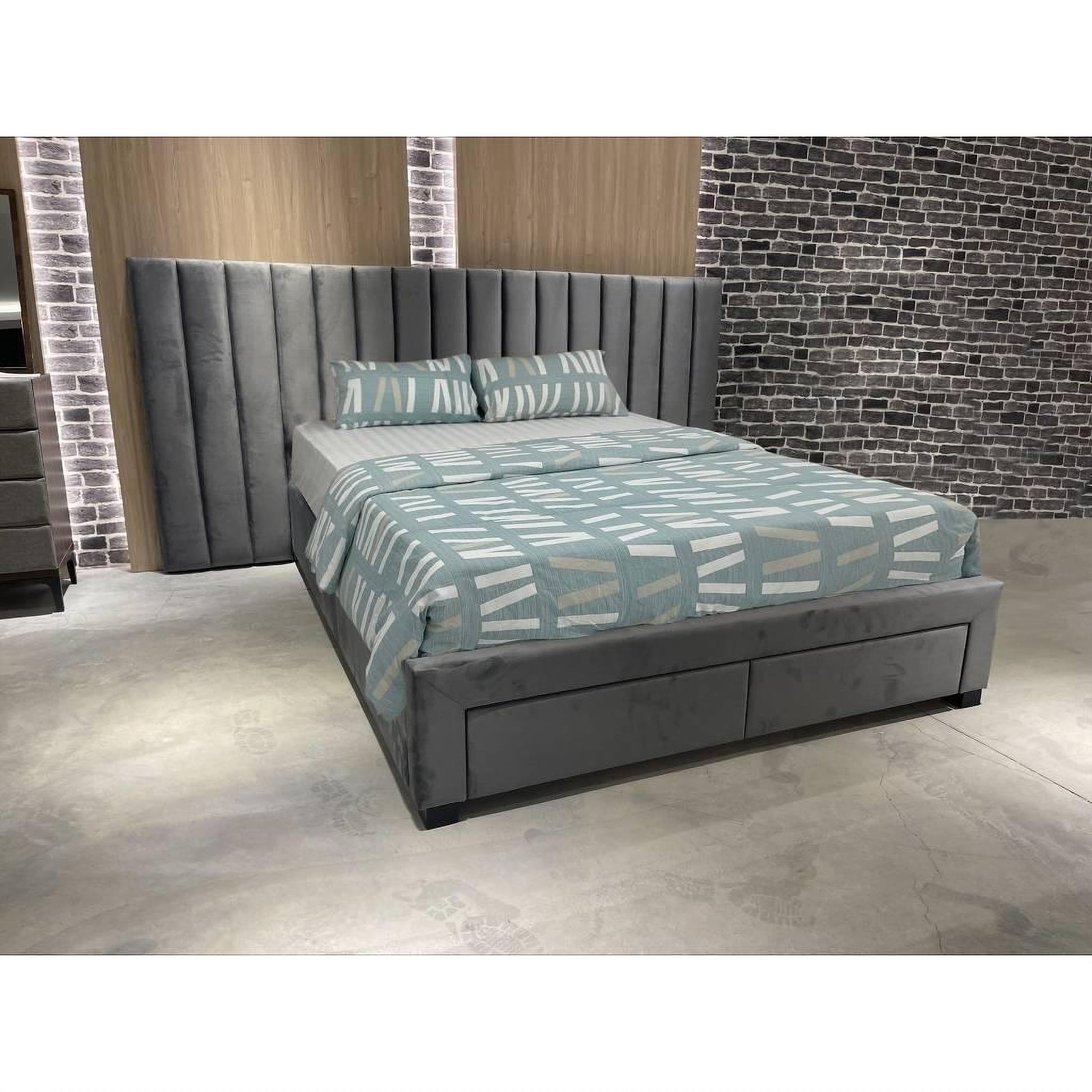 Cleary Fabric Extended Headboard Bed in Beige - Chocolate Wood