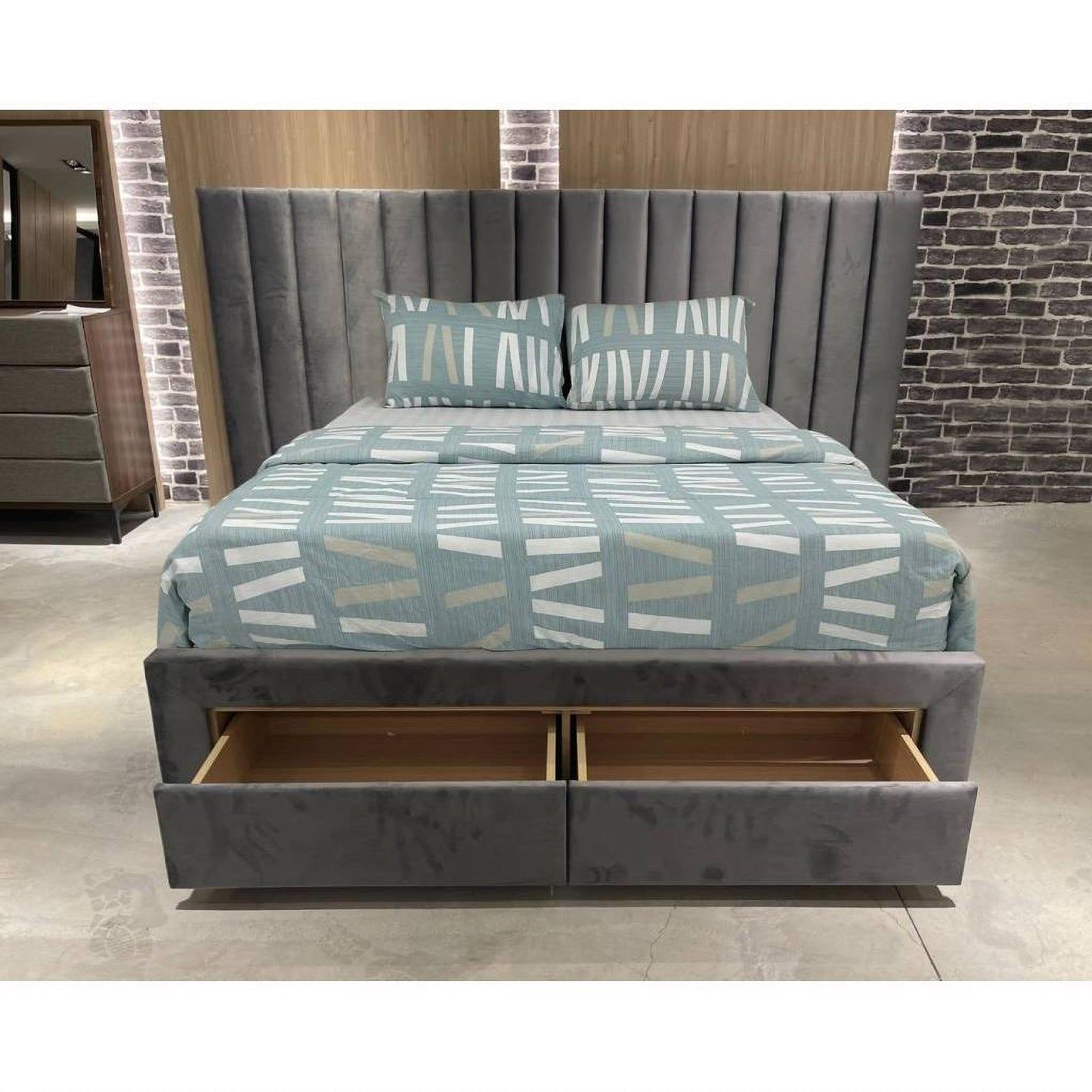 Cleary Fabric Extended Headboard Bed in Beige - Chocolate Wood