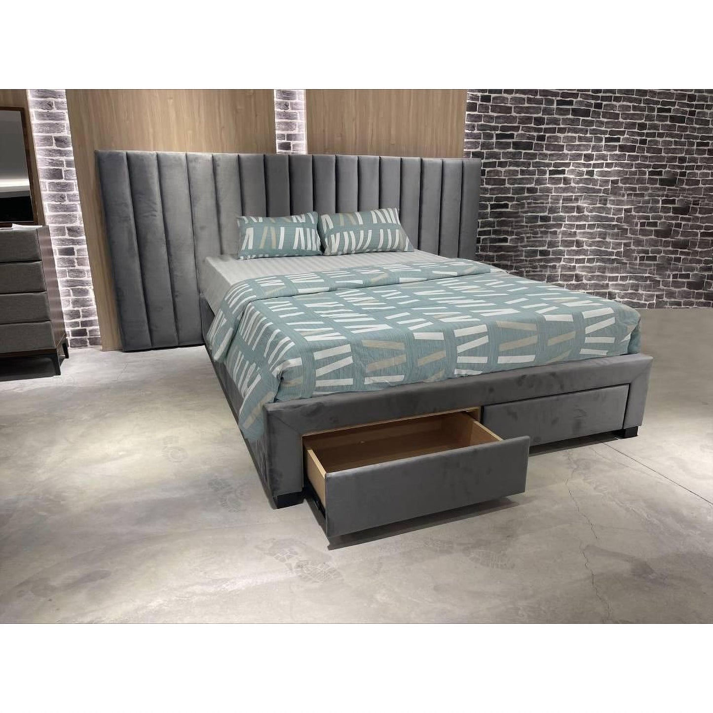 Cleary Fabric Extended Headboard Bed in Beige - Chocolate Wood