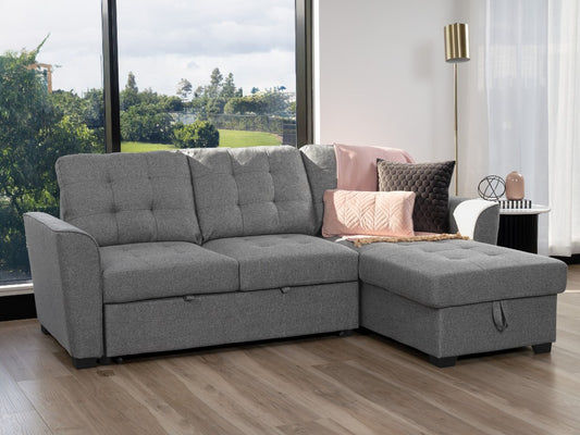 BRIENNE FABRIC SOFABED 2-SEATER SOFA & REVERSIBLE STORAGE CHAISE GREY - MyChocolateWood