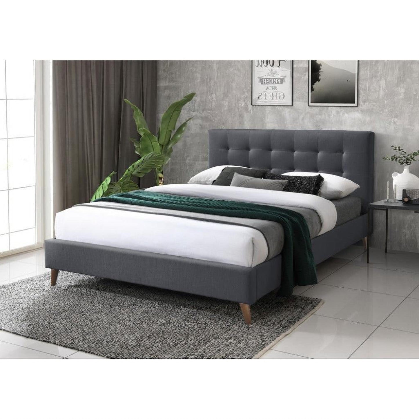 Amara Fabric Bed in Charcoal - Chocolate Wood