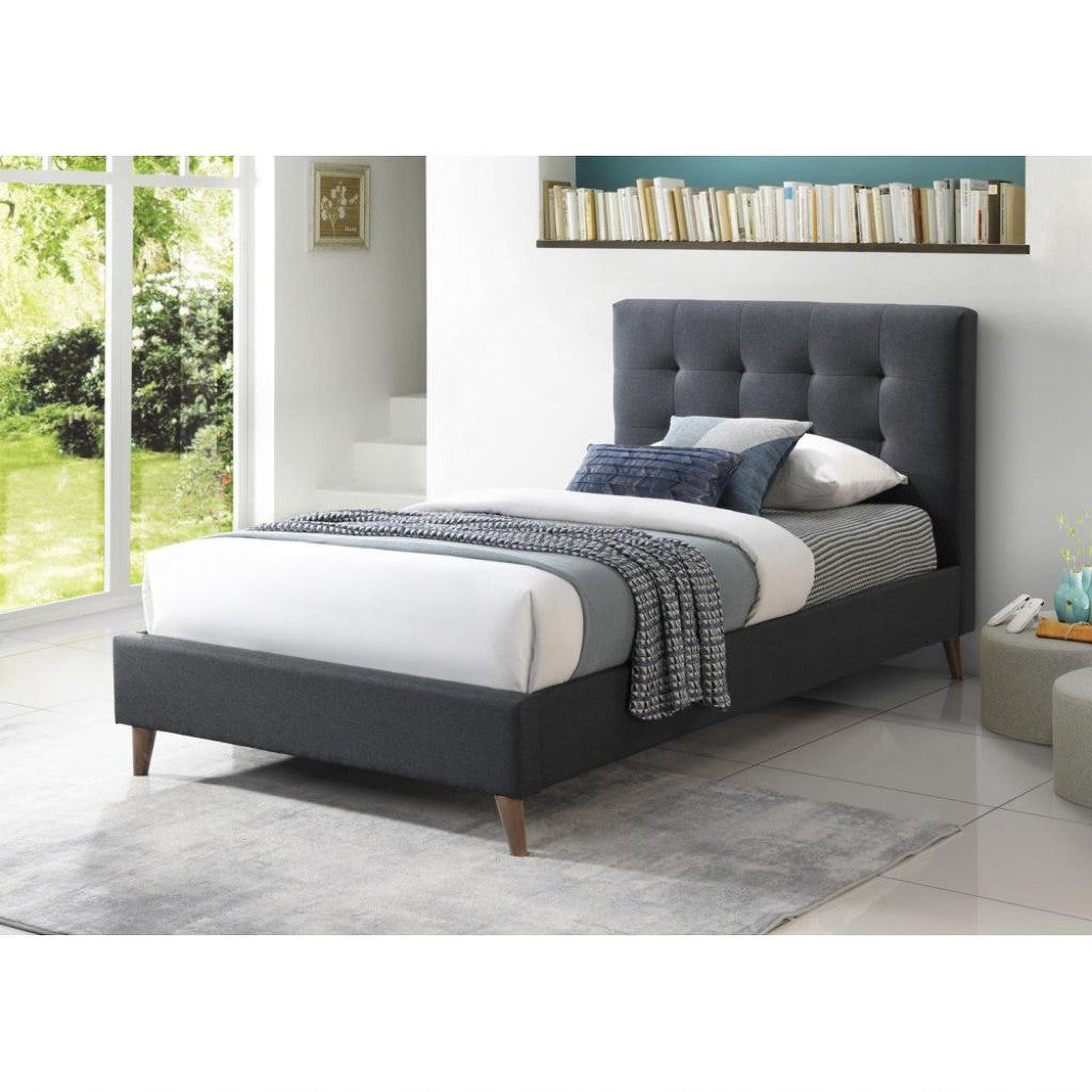 Amara Fabric Bed in Charcoal - Chocolate Wood