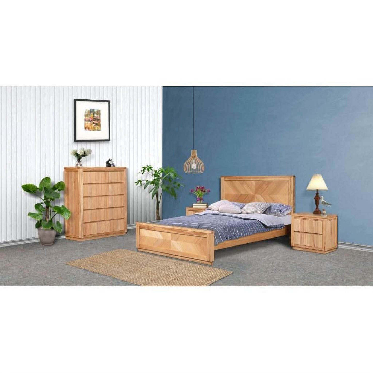 Natural oak tallboy chest of drawers with five drawers, featuring a tassie style design by Chocolate Wood, shown in a neutral finish.