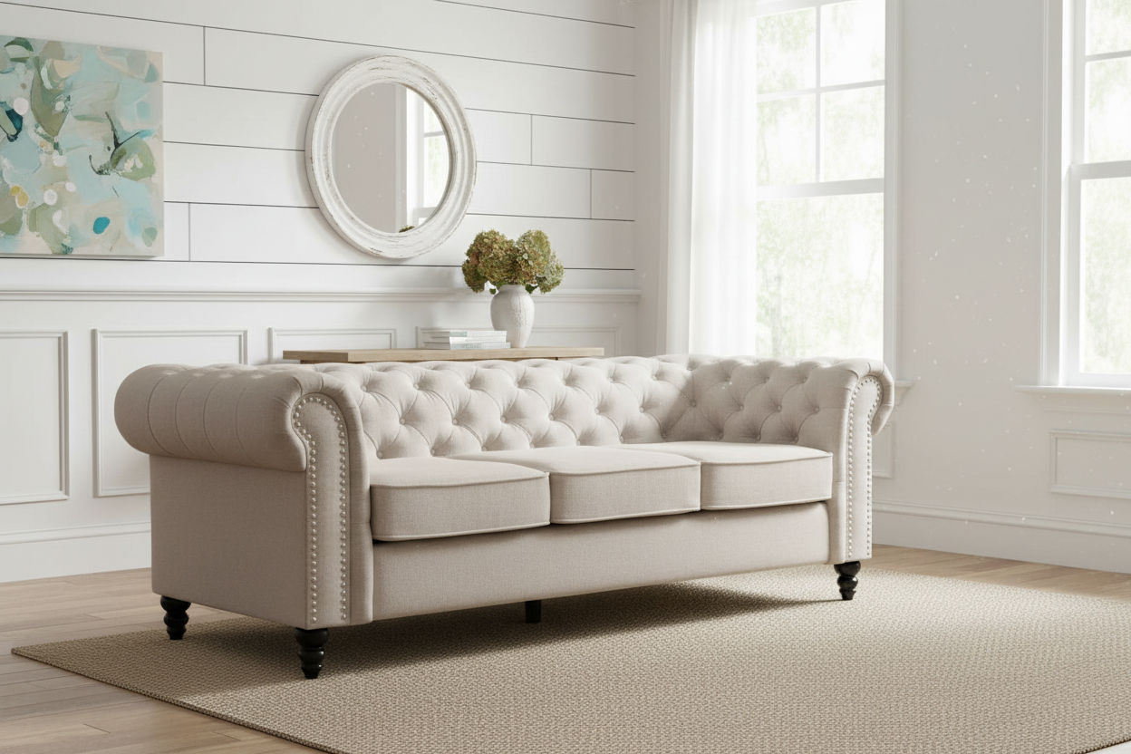 WOODLEY LOUNGE CHESTERFIELD 3-SEATER SOFA + 2-SEATER SOFA COUCH SETTEE IN BEIGE FABRIC - MyChocolateWood