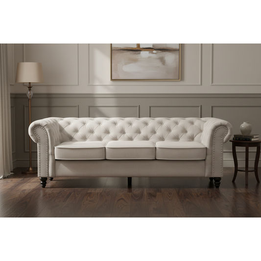 WOODLEY LOUNGE CHESTERFIELD 3-SEATER SOFA + 2-SEATER SOFA COUCH SETTEE IN BEIGE FABRIC - MyChocolateWood