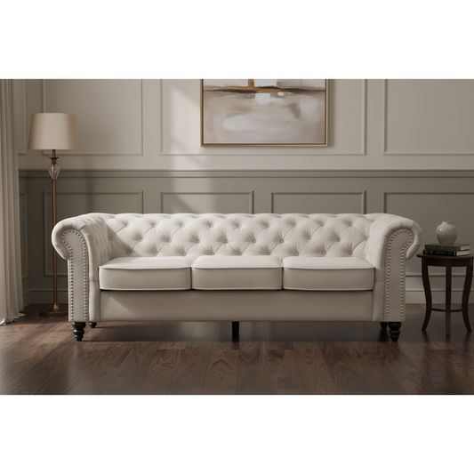 WOODLEY LOUNGE CHESTERFIELD 3-SEATER SOFA + 2-SEATER SOFA COUCH SETTEE IN BEIGE FABRIC