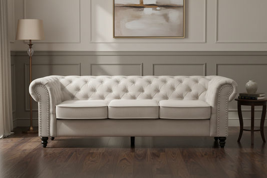 WOODLEY LOUNGE CHESTERFIELD 3-SEATER SOFA + 2-SEATER SOFA COUCH SETTEE IN BEIGE FABRIC - MyChocolateWood