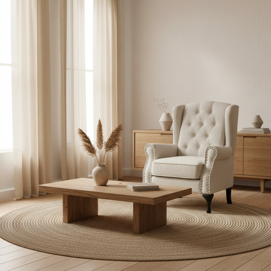 WOODLEY LOUNGE ARMCHAIR WING CHAIR IN BEIGE FABRIC - MyChocolateWood