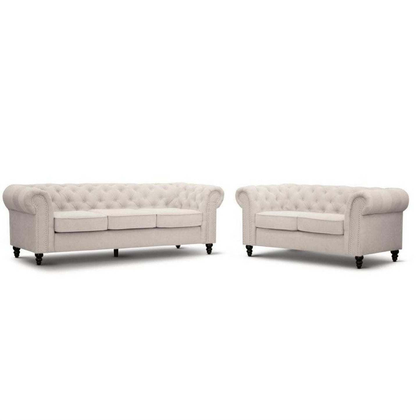 WOODLEY LOUNGE CHESTERFIELD 3-SEATER SOFA + 2-SEATER SOFA COUCH SETTEE IN BEIGE FABRIC - MyChocolateWood