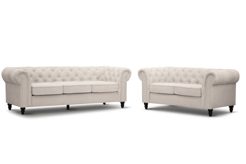 WOODLEY LOUNGE CHESTERFIELD 3-SEATER SOFA + 2-SEATER SOFA COUCH SETTEE IN BEIGE FABRIC - MyChocolateWood