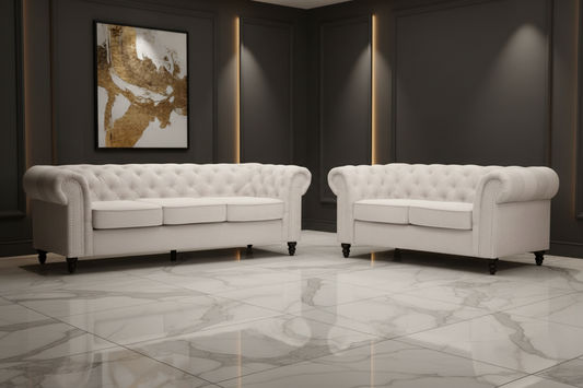 WOODLEY LOUNGE CHESTERFIELD 3-SEATER SOFA + 2-SEATER SOFA COUCH SETTEE IN BEIGE FABRIC - MyChocolateWood