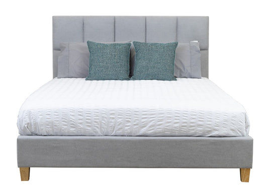 Scrivens Fabric Bed in Mist Grey - Chocolate Wood