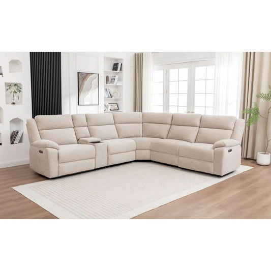 ALLOA FABRIC CORNER SOFA MODULAR WITH 2 END ELECTRIC RECLINERS BEIGE - MyChocolateWood