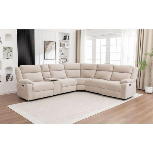 ALLOA FABRIC CORNER SOFA MODULAR WITH 2 END ELECTRIC RECLINERS BEIGE - MyChocolateWood