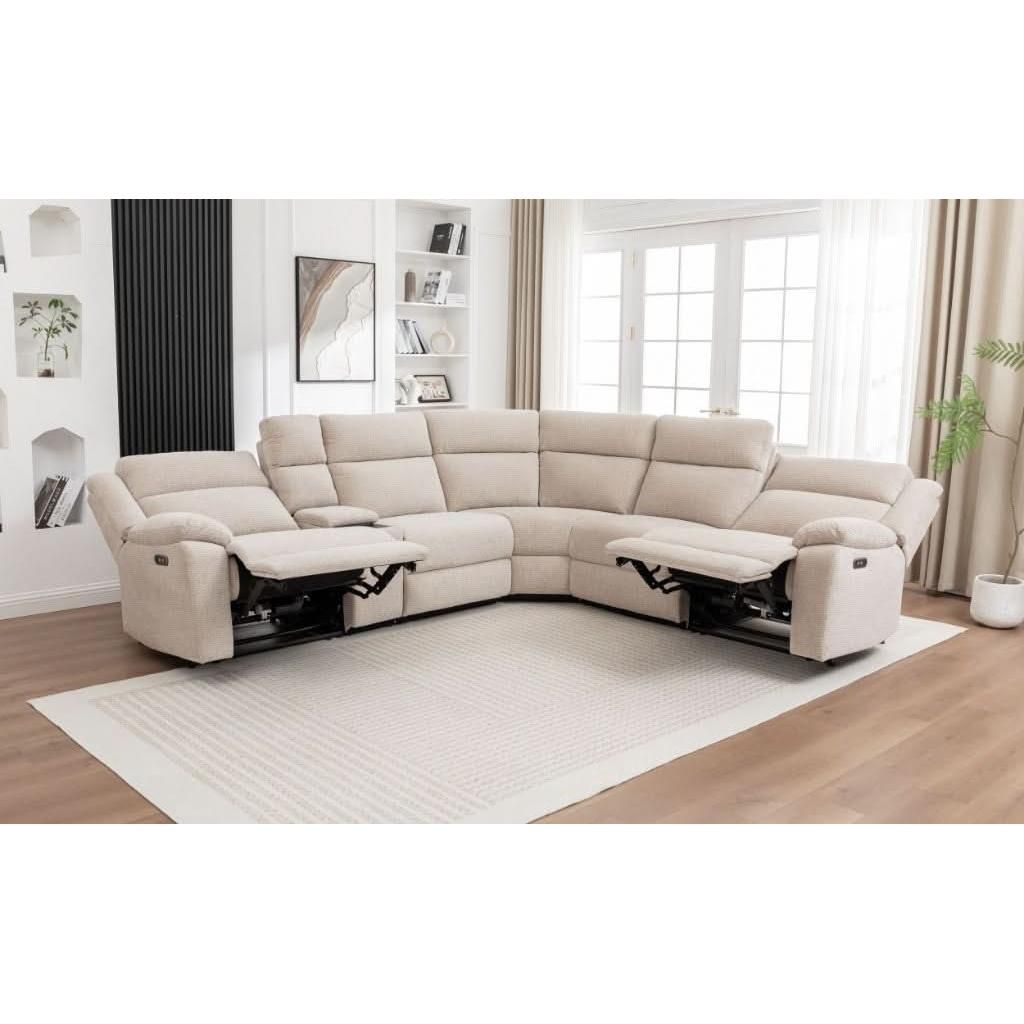 ALLOA FABRIC CORNER SOFA MODULAR WITH 2 END ELECTRIC RECLINERS BEIGE - MyChocolateWood
