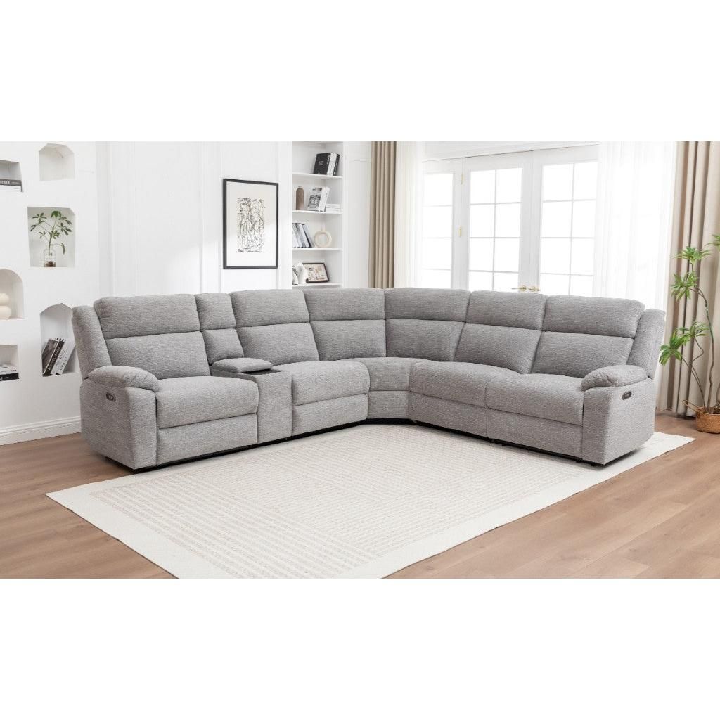 Alloa Fabric Modular Corner Sofa with 2 End Electric Recliners in Grey - Chocolate Wood
