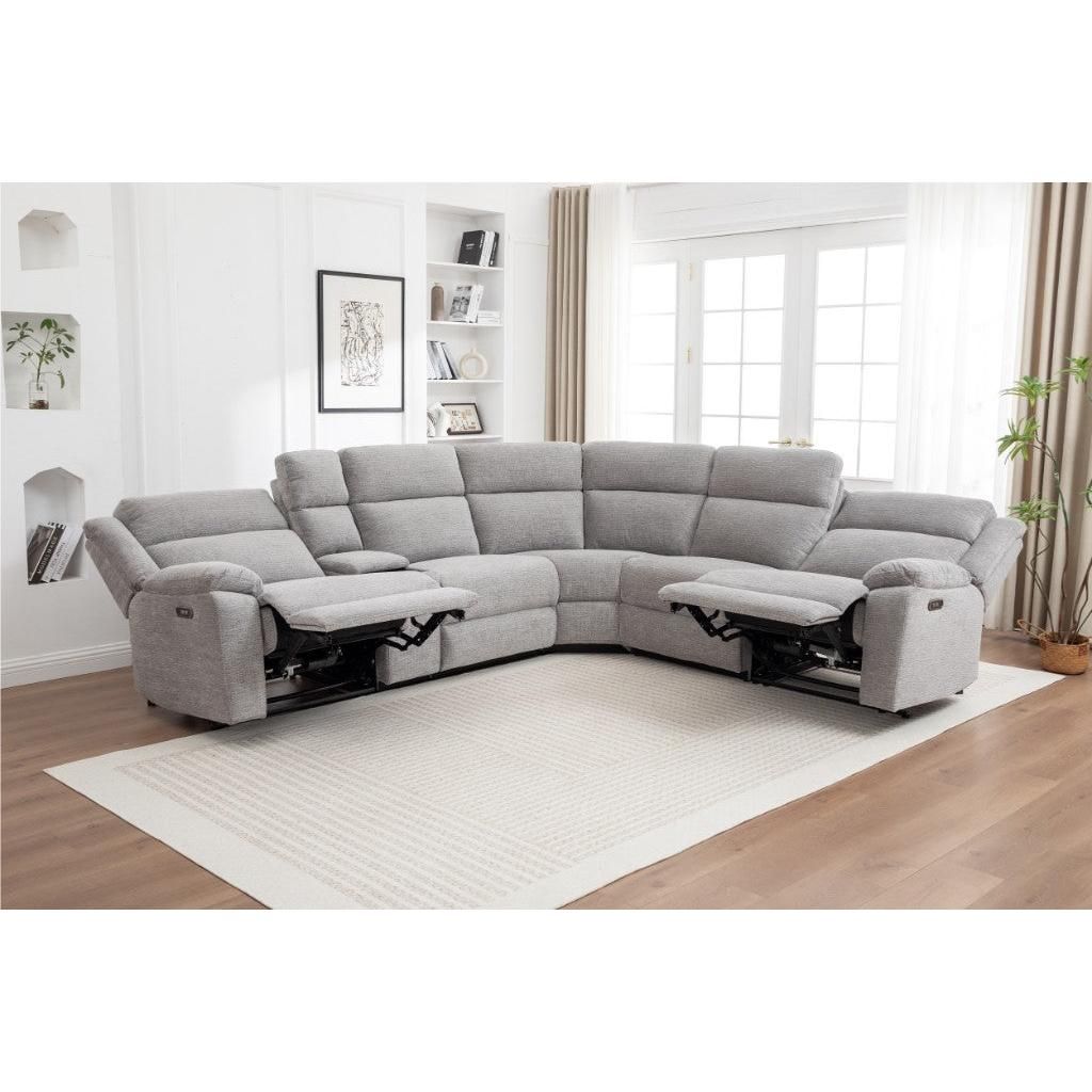 Alloa Fabric Modular Corner Sofa with 2 End Electric Recliners in Grey - Chocolate Wood