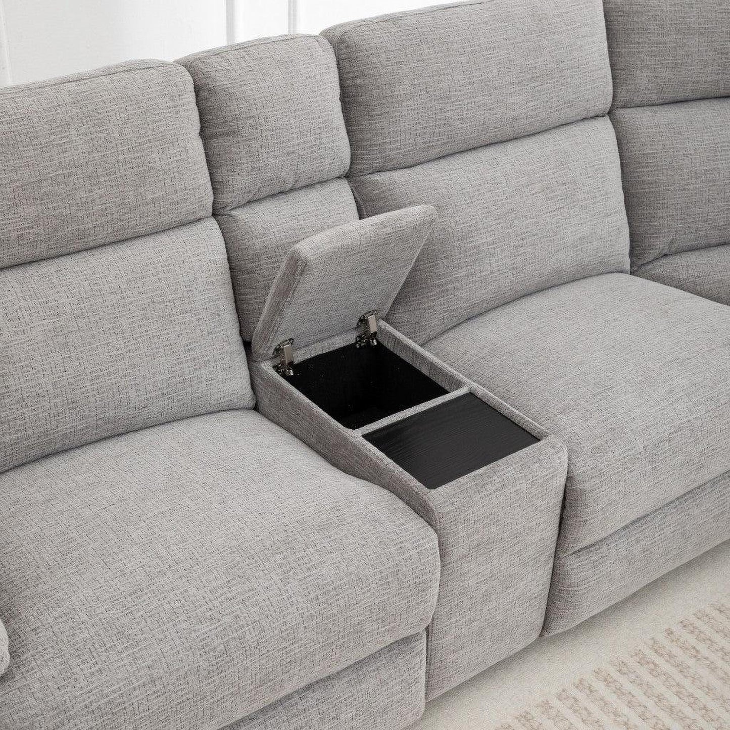 Alloa Fabric Modular Corner Sofa with 2 End Electric Recliners in Grey - Chocolate Wood