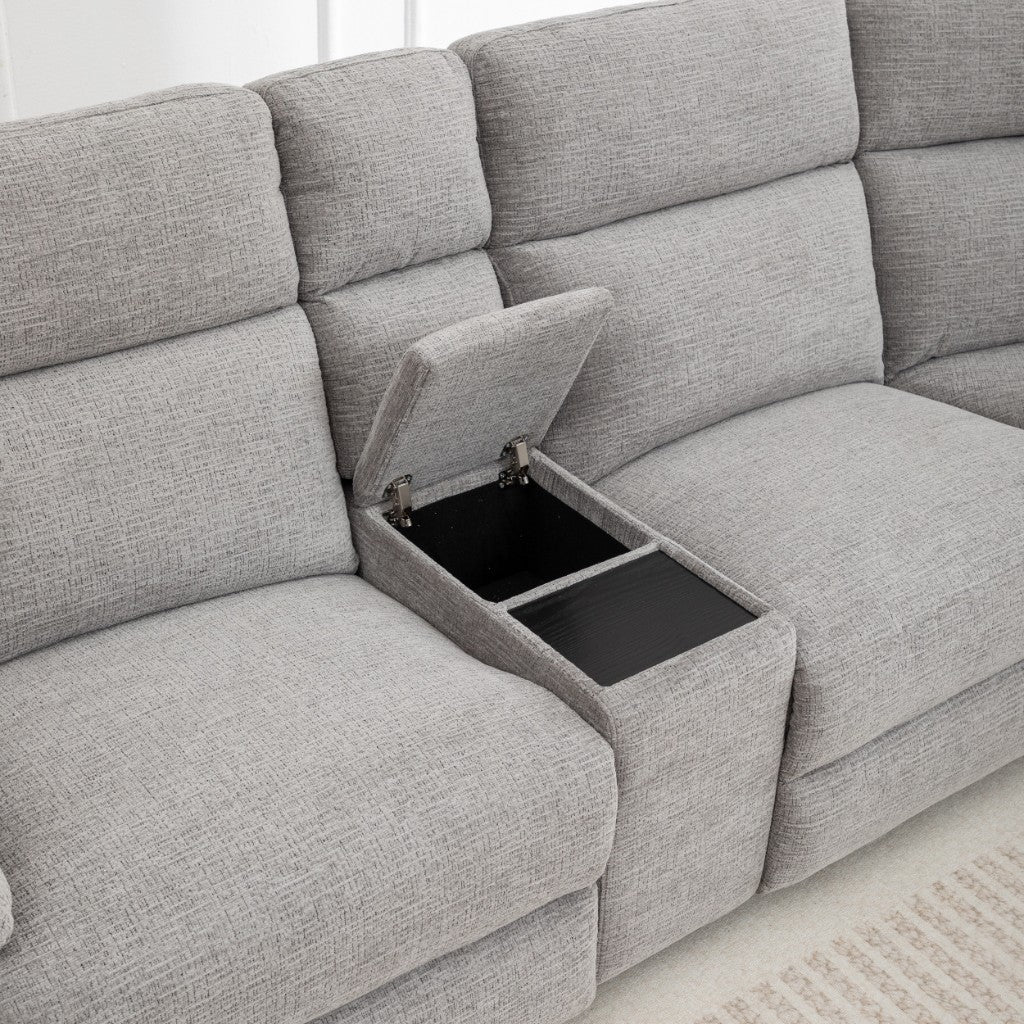 Alloa Fabric Modular Corner Sofa with 2 End Electric Recliners in Grey - Chocolate Wood