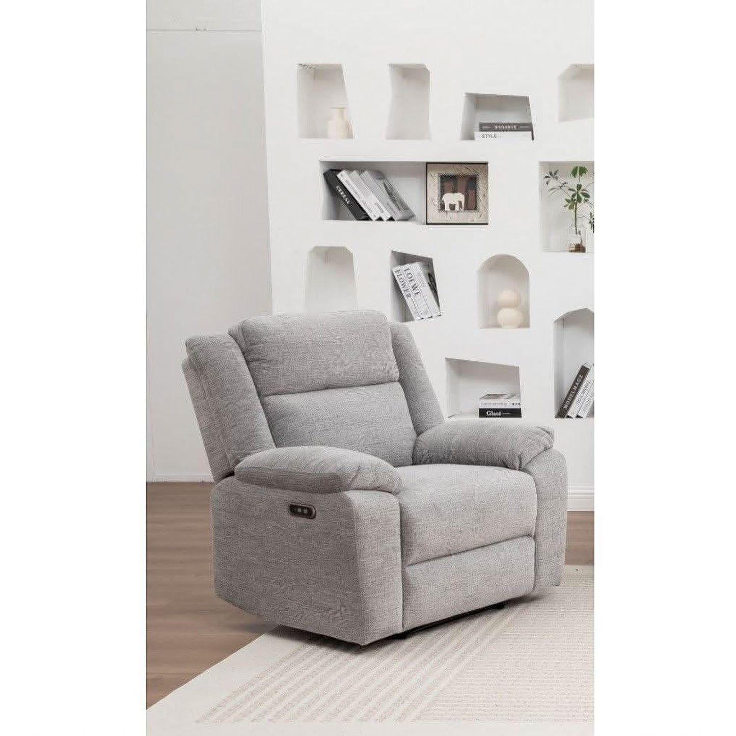 Alloa Fabric 1-Seater Electric Recliner Armchair in Grey - Chocolate Wood