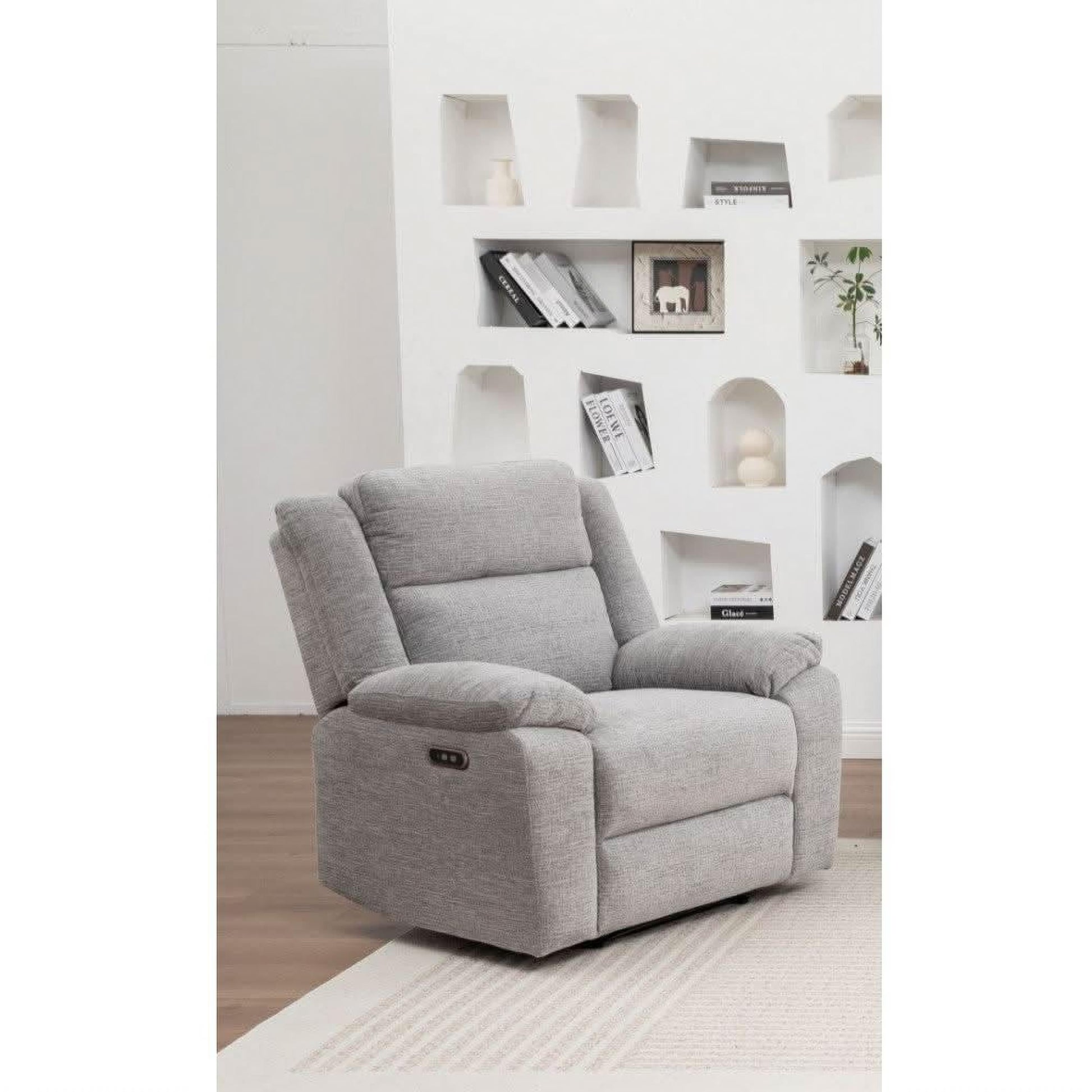 Alloa Fabric 1-Seater Electric Recliner Armchair in Grey - Chocolate Wood