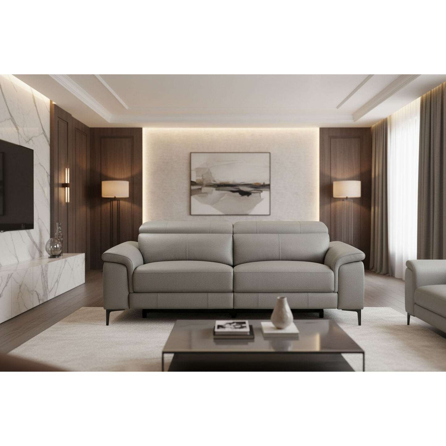 Brittas Leather 3-Seater Electric Recliner Sofa in Grey - Chocolate Wood