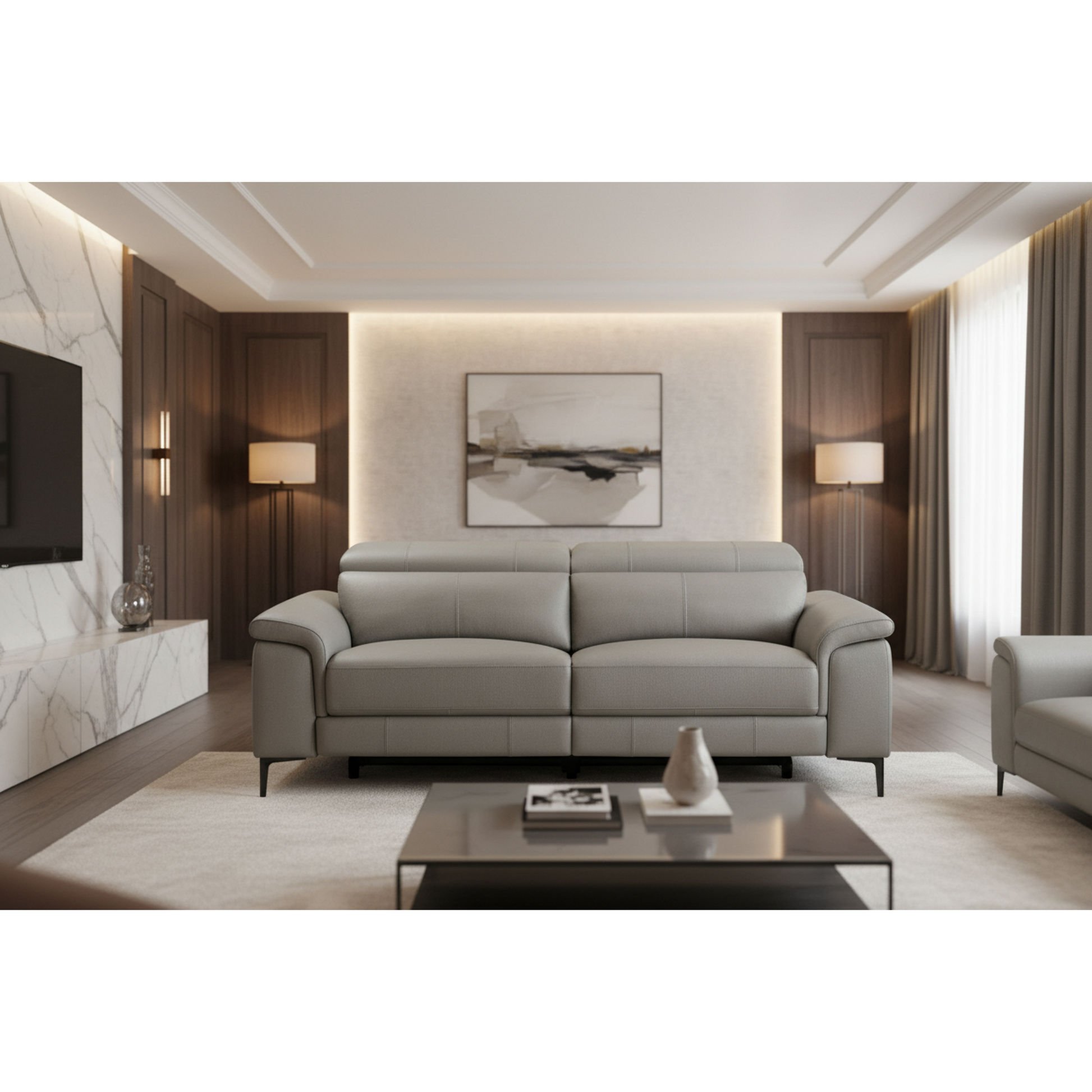 Brittas Leather 3-Seater Electric Recliner Sofa in Grey - Chocolate Wood