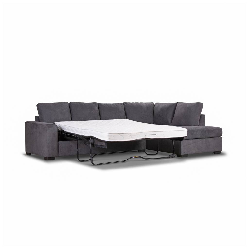 Marigny Fabric 3-Seater Sofa Bed with Right Facing Chaise in Dark Grey - Chocolate Wood
