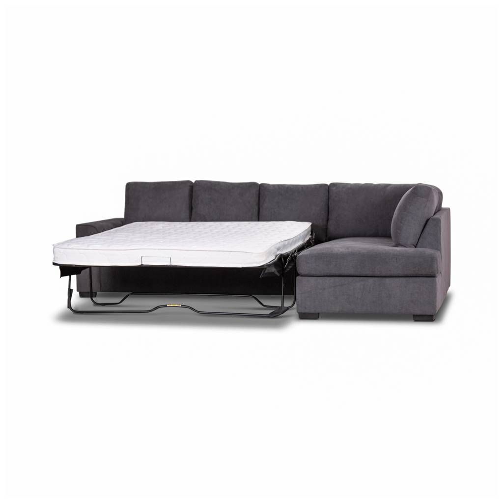 Marigny Fabric 3-Seater Sofa Bed with Right Facing Chaise in Dark Grey - Chocolate Wood
