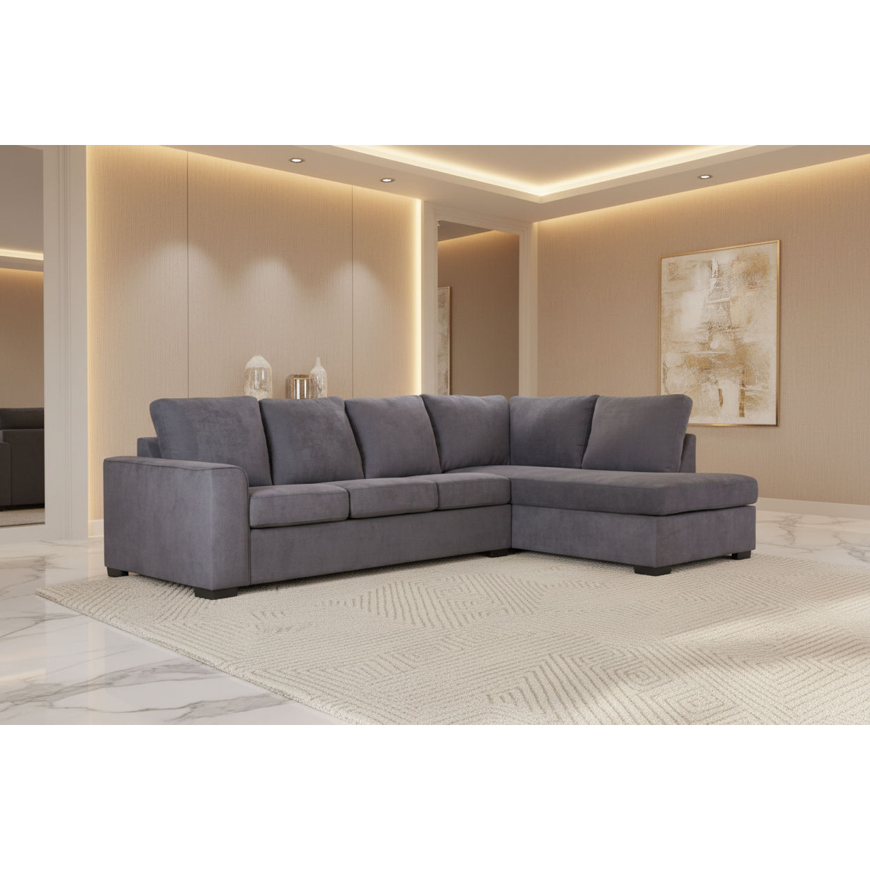 Marigny Fabric 3-Seater Sofa with Right Facing Chaise in Dark Grey - Chocolate Wood