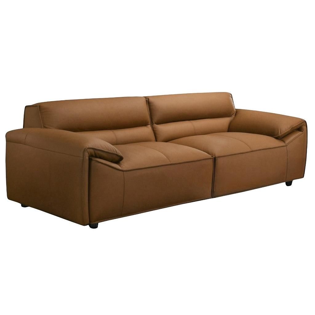 Tan leather 3-seater sofa from Sparkler Leather by MyChocolateWood, featuring plush cushions and a modern design.