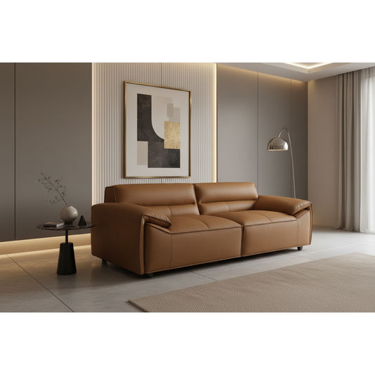 Tan leather 3-seater sofa from Sparkler Leather collection by MyChocolateWood, showcasing plush cushions and sleek design.