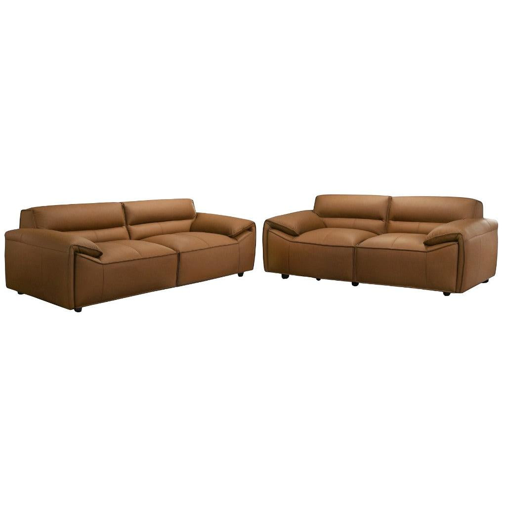 SPARKLER LEATHER 3-SEATER + 2-SEATER LEATHER SOFA TAN LOUNGE SET - MyChocolateWood