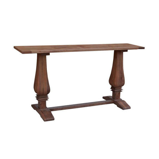 Kavala mango wood parquetry console table by MyChocolateWood in American oak color, featuring intricate wood pattern and sleek design.
